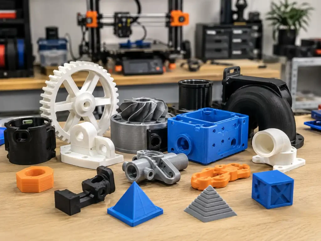 Piezas de impresión 3D y prototipos mecánicos sobre una mesa de trabajo